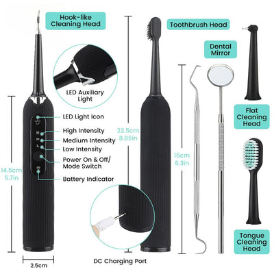 High Frequency Electric Ultrasonic Dental Tartar Plaque Calculus Tooth Remover Set Kits Cleaner with LED Screen Black