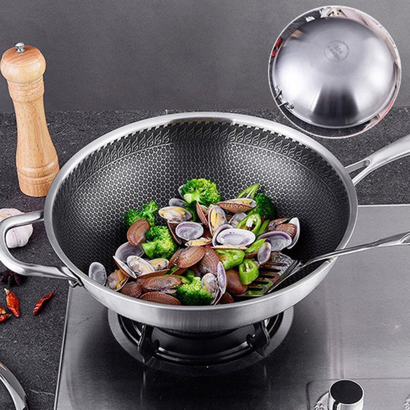 304 Stainless Steel 32cm Non-Stick Stir Fry Cooking Kitchen Wok Pan with Lid Honeycomb Single Sided