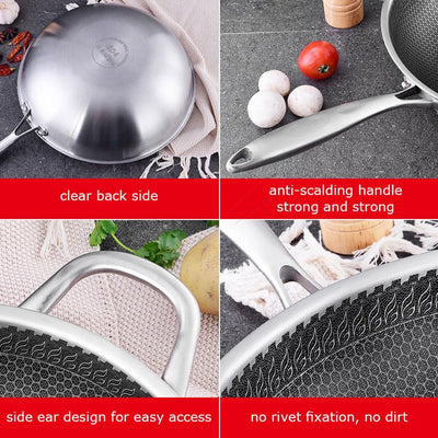 304 Stainless Steel Non-Stick Stir Fry Cooking Kitchen Wok Pan with Lid Honeycomb Single Sided