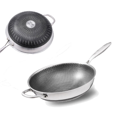 304 Stainless Steel 32cm Non-Stick Stir Fry Cooking Kitchen Wok Pan with Lid Honeycomb Double Sided