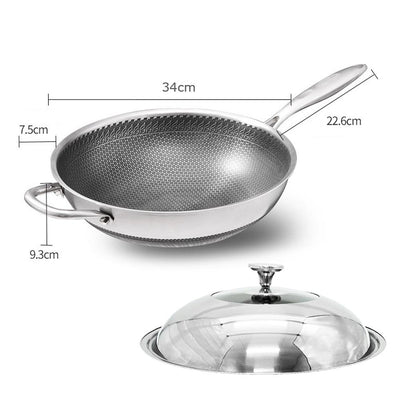 304 Stainless Steel 32cm Non-Stick Stir Fry Cooking Kitchen Wok Pan with Lid Honeycomb Double Sided