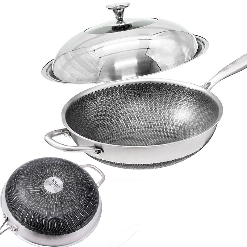 34cm Stainless Steel Non-Stick Stir Fry Cooking Kitchen Honeycomb Wok Pan with Lid