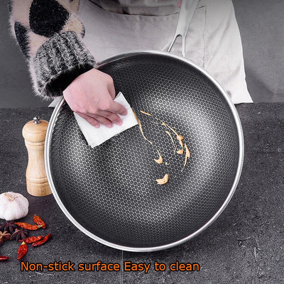 34cm 304 Stainless Steel Non-Stick Stir Fry Cooking Kitchen Honeycomb Wok Pan with Lid