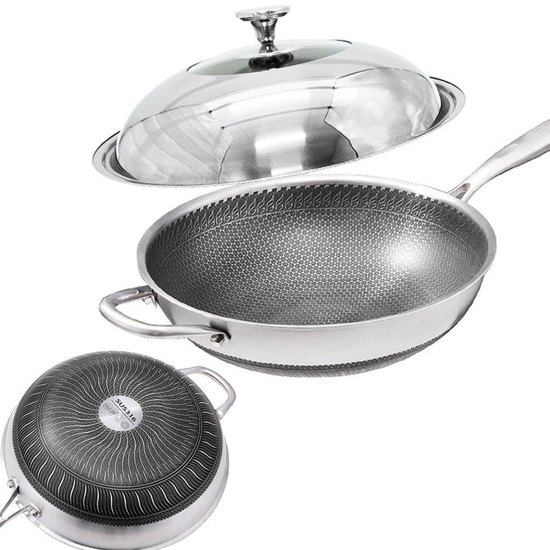 316 Stainless Steel Non-Stick Stir Fry Cooking Kitchen Wok Pan with Lid Honeycomb Double Sided