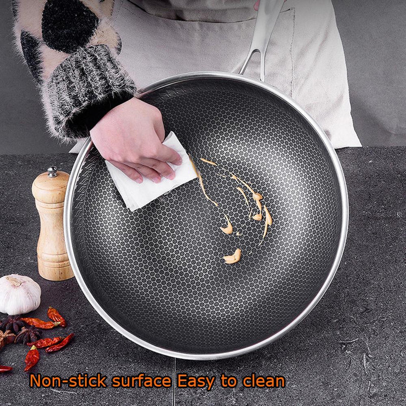 316 Stainless Steel 32cm Non-Stick Stir Fry Cooking Kitchen Wok Pan without Lid Honeycomb Double Sided