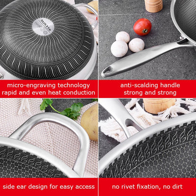 316 Stainless Steel Non-Stick Stir Fry Cooking Kitchen Wok Pan without Lid Honeycomb Double Sided