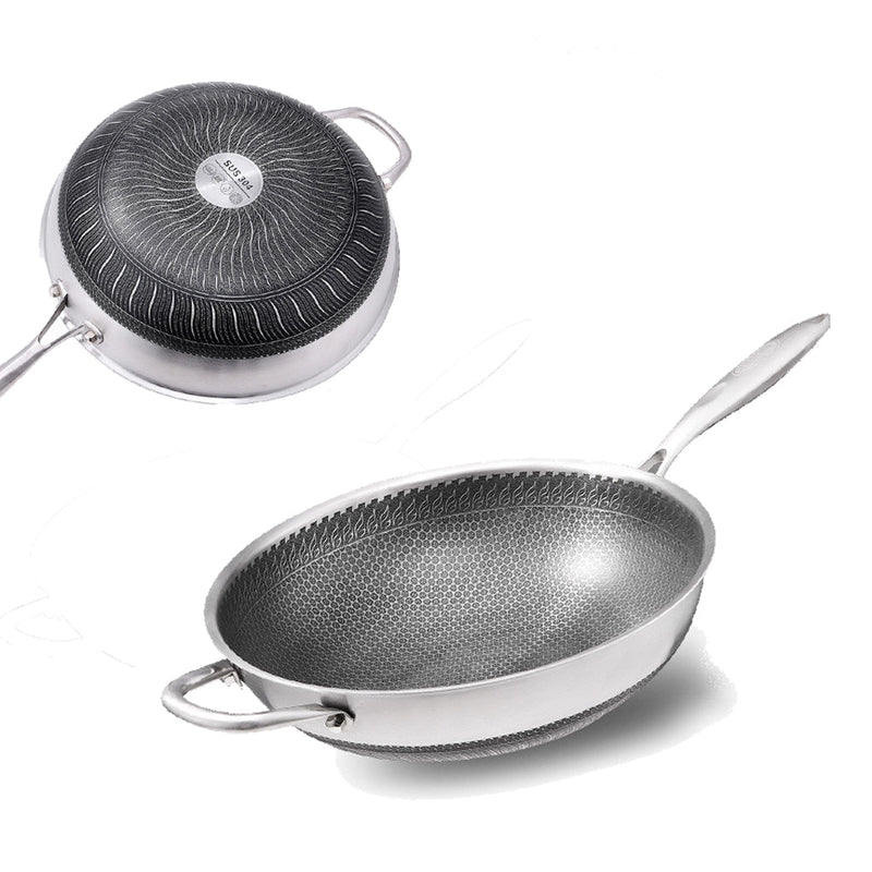 304 Stainless Steel 32cm Non-Stick Stir Fry Cooking Kitchen Wok Pan without Lid Honeycomb Double Sided