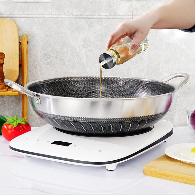 316 Stainless Steel Non-Stick Stir Fry Cooking Kitchen Wok Pan without Lid Honeycomb Double Sided