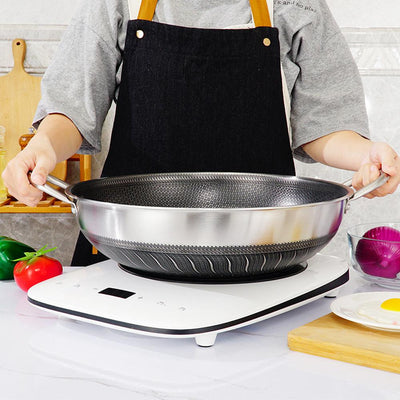 304 Stainless Steel 38cm Non-Stick Stir Fry Cooking Kitchen Double Ear Wok Pan without Lid Honeycomb Double Sided