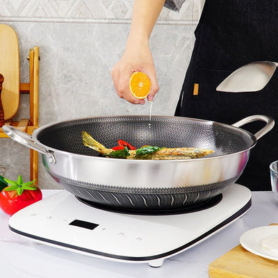 304 Stainless Steel 38cm Non-Stick Stir Fry Cooking Kitchen Double Ear Wok Pan without Lid Honeycomb Double Sided