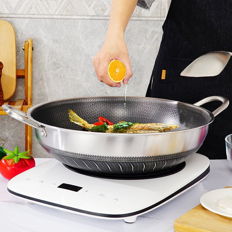 Double Ear 304 Stainless Steel 40cm Non-Stick Stir Fry Cooking Kitchen Wok Pan with Lid Honeycomb Double Sided