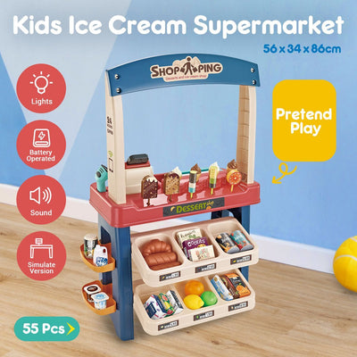 Kids Supermarket Ice Cream Cart Shop Dessert Food Pretend Role Play Set Toy Gift Blue