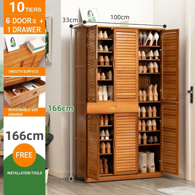 10 Tier Bamboo Large Capacity Storage Shelf Shoe Rack Cabinet 6 Doors with 1 Drawer Natural