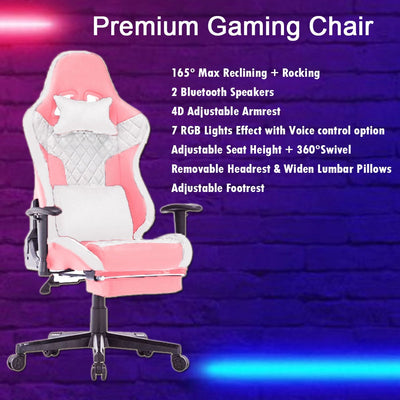 7 RGB Lights Bluetooth Speaker Gaming Chair Ergonomic Racing chair 165° Reclining Gaming Seat 4D Armrest Footrest Black