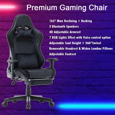 7 RGB Lights Bluetooth Speaker Gaming Chair Ergonomic Racing chair 165° Reclining Gaming Seat 4D Armrest Footrest Black Red