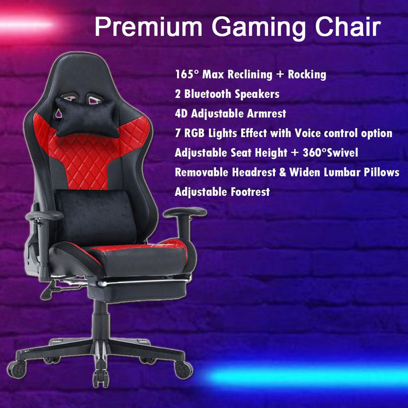 7 RGB Lights Bluetooth Speaker Gaming Chair Ergonomic Racing chair 165° Reclining Gaming Seat 4D Armrest Footrest Black Red