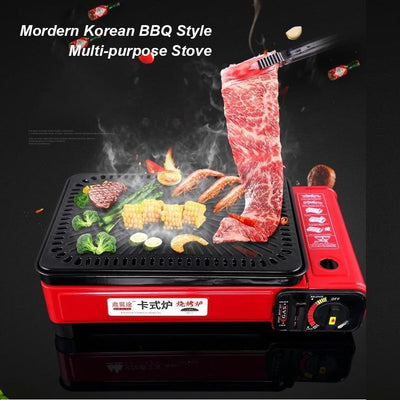 Portable Gas Stove Burner Butane BBQ Camping Gas Cooker With Non Stick Plate Black with Fish Pan and Lid