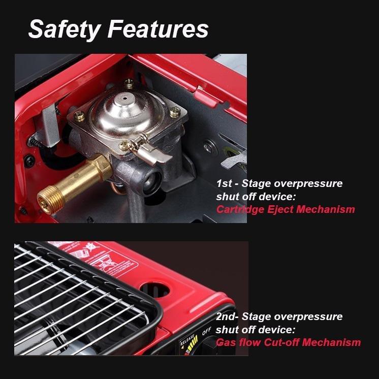 Portable Gas Stove Burner Butane BBQ Camping Gas Cooker With Non Stick Plate Red with Fish Pan and Lid