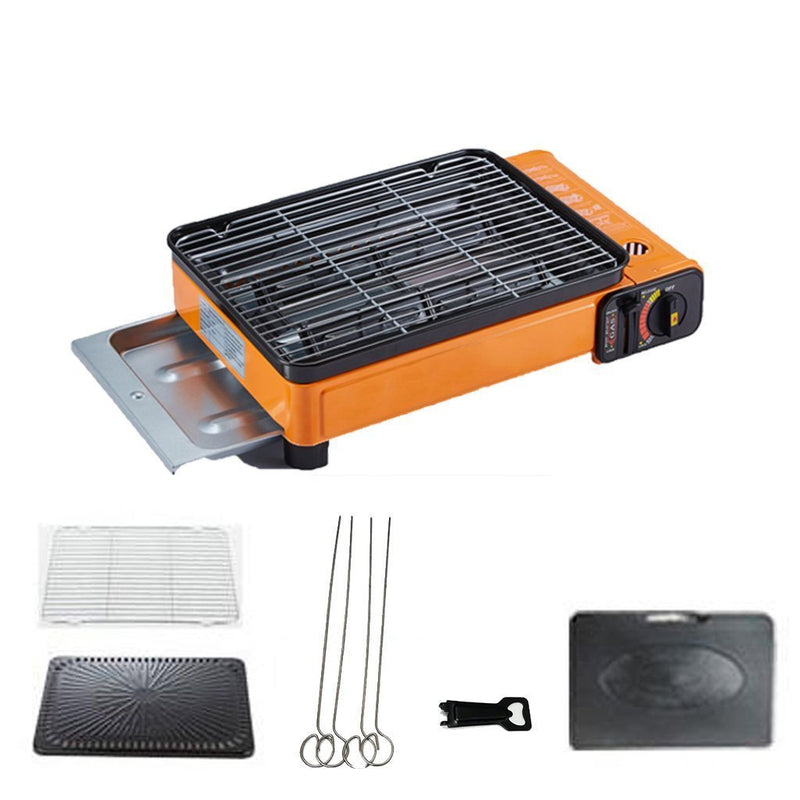 Portable Gas Stove Burner Butane BBQ Camping Gas Cooker With Non Stick Plate Red with Fish Pan and Lid