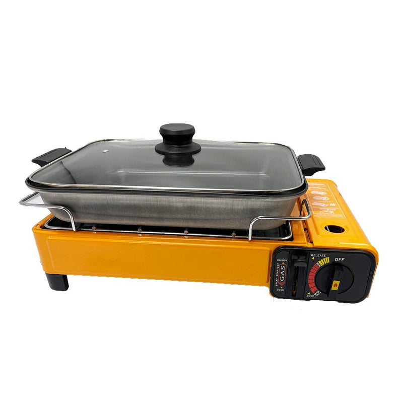 Portable Gas Stove Burner Butane BBQ Camping Gas Cooker With Non Stick Plate Red with Fish Pan and Lid