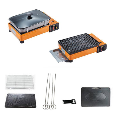 Portable Gas Stove Burner Butane BBQ Camping Gas Cooker With Non Stick Plate Red with Fish Pan and Lid