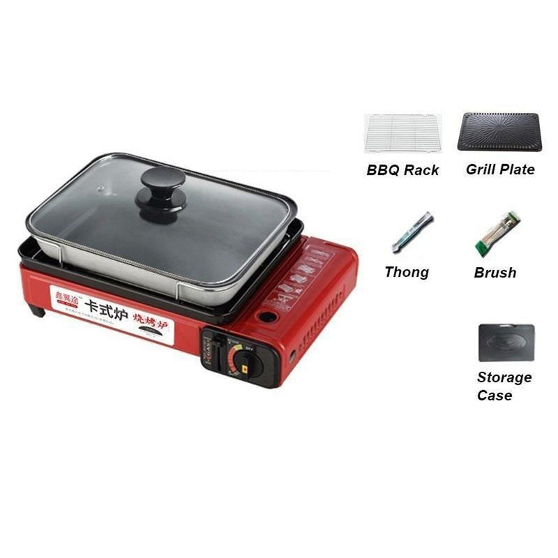 Portable Gas Stove Burner Butane BBQ Camping Gas Cooker With Non Stick Plate Red