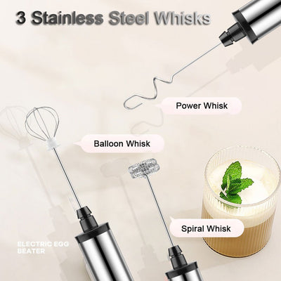 USB Charging Electric Egg Beater Milk Frother Handheld Drink Coffee Foamer Silver with 3 Stainless Steel Whisks