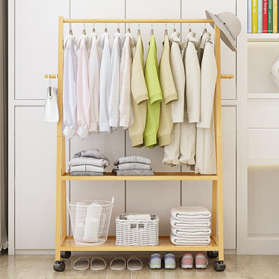 Rail Bamboo Clothes Rack Garment Hanging Stand 3 Tier Storage Shelves Closet 80cm Panel