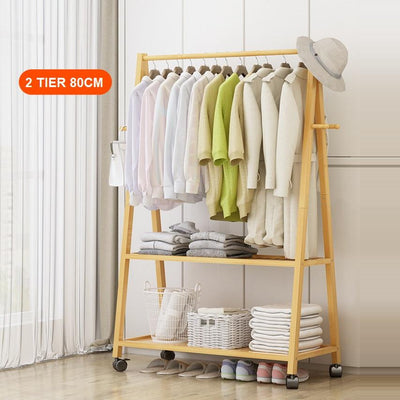 Rail Bamboo Clothes Rack Garment Hanging Stand 3 Tier Storage Shelves Closet 80cm Panel