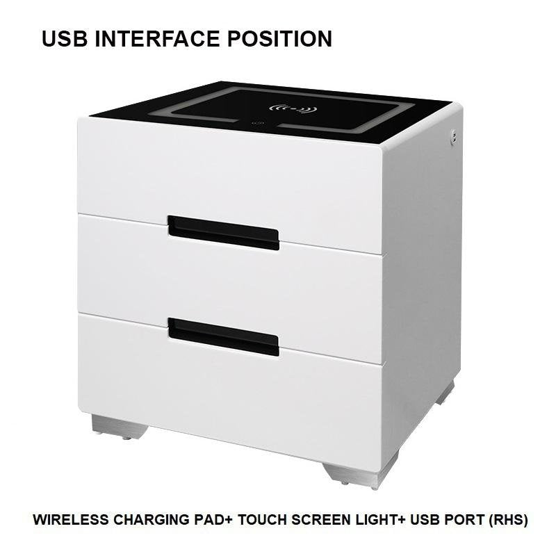 Smart Bedside Tables Side 3 Drawers Wireless Charging Nightstand LED Light USB Right Hand Connection