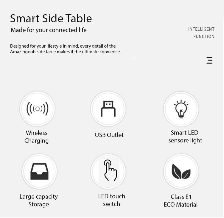 Smart Bedside Tables Side 3 Drawers Wireless Charging Nightstand LED Light USB Right Hand Connection