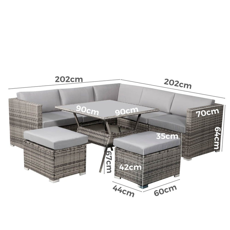 8PC Outdoor Dining Set Wicker Table & Chairs-Grey