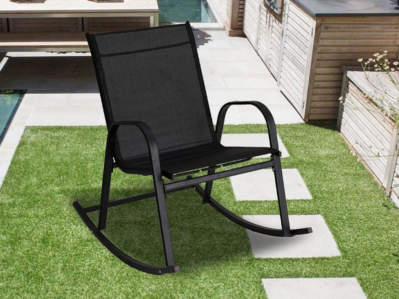 Rocking Chair High Back Rocker Chairs Steel Metal Textilene Fabric-Black