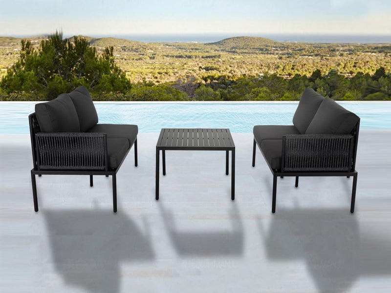 Eden 4-Seater Outdoor Lounge Set with Coffee Table in Black-Stylish Textile and Rope Design