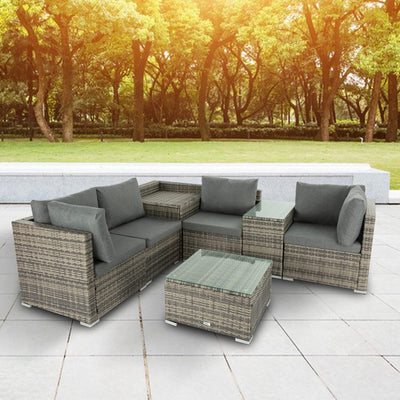 7PC Outdoor Wicker Lounge with Storage Corner (Grey)