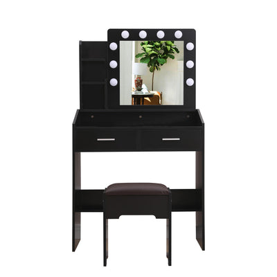 Diana Vanity Set with Shelves Cushioned Stool and Lighted Mirror- Black