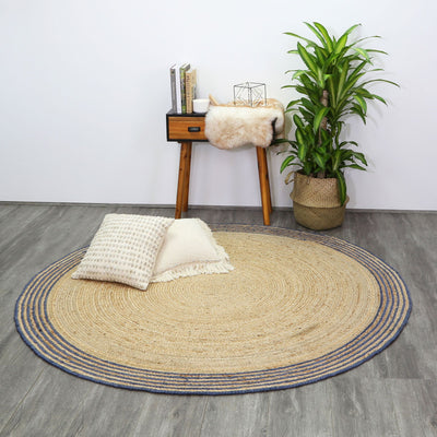 Capri Navy Blue Natural Round Boarder Rug 150x150 Round