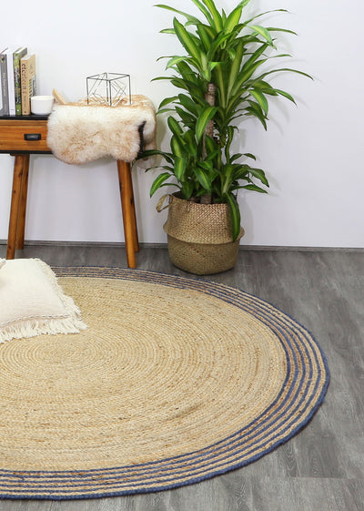 Capri Navy Blue Natural Round Boarder Rug 240x240 Round