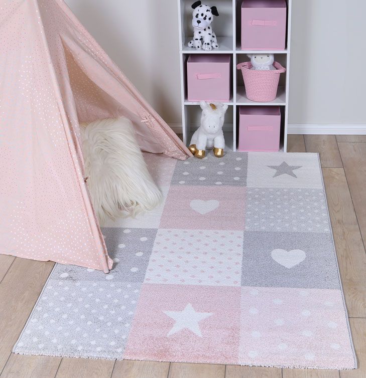 Nova Kids Pink Grey Stars & Hearts Rug 120x170 cm