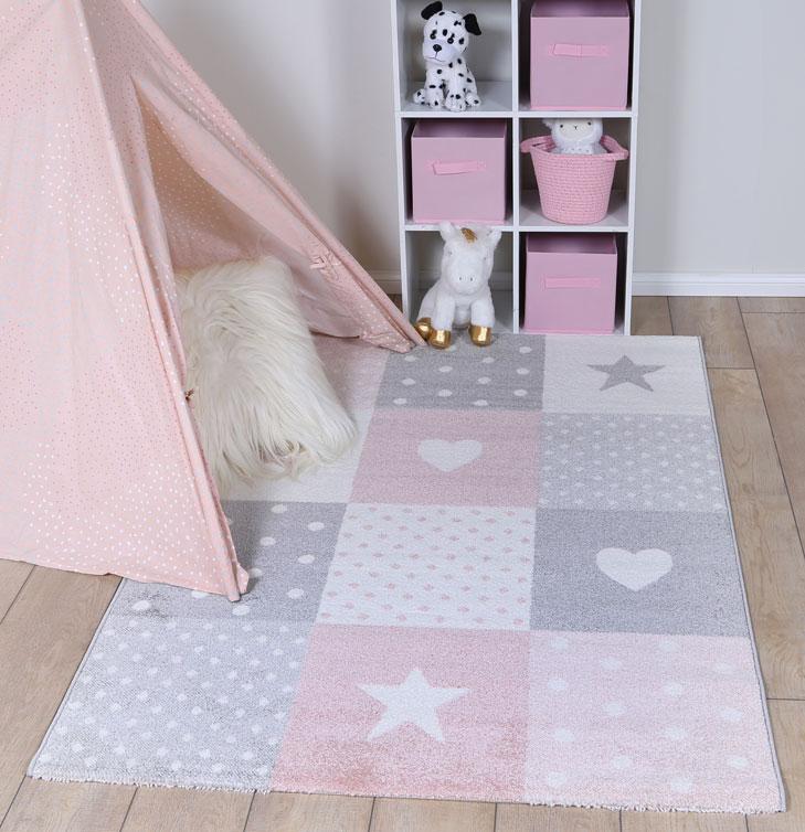 Nova Kids Pink Grey Stars & Hearts Rug 160x230 cm