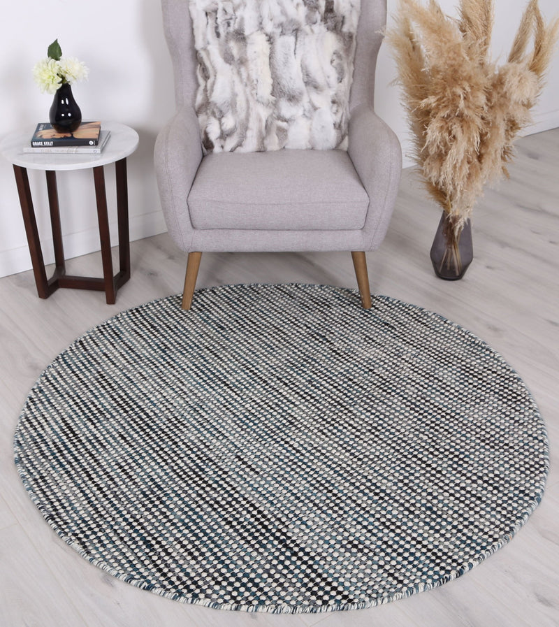 Scandi Teal Blue Reversible Wool Round Rug 150x150 cm Round