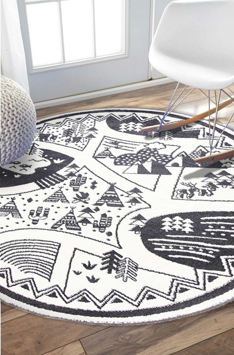 Piccolo Black and White Kids Camping Adventure Kids Rug 120x170cm