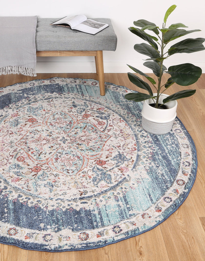 Hollow Medalion Transitional Navy Multi Rug 160x160cm