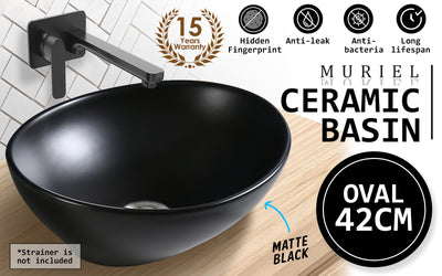 Muriel 41 x 34 x 14.5cm Black Ceramic Bathroom Basin Vanity Sink Oval Above Counter Top Mount Bowl