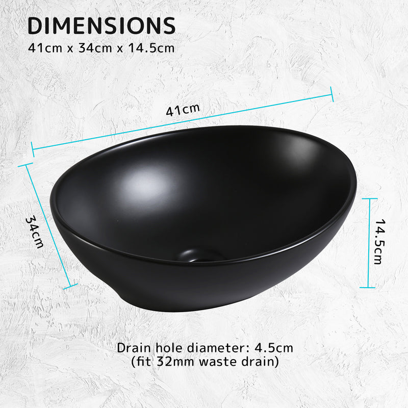 Muriel 41 x 34 x 14.5cm Black Ceramic Bathroom Basin Vanity Sink Oval Above Counter Top Mount Bowl