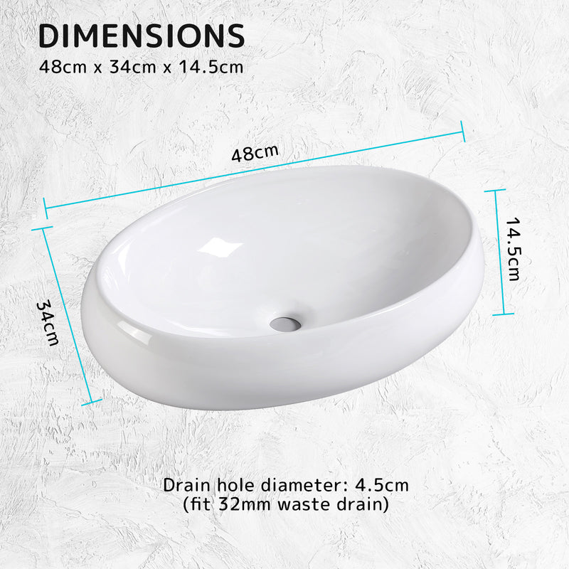 Muriel 48 x 34 x 14.5cm White Ceramic Bathroom Basin Vanity Sink Oval Above Counter Top Mount Bowl