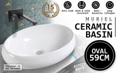 Muriel 59 x 40 x 14.5cm White Ceramic Bathroom Basin Vanity Sink Oval Above Counter Top Mount Bowl