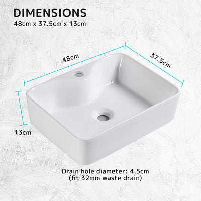 Muriel 48 x 37.5 x 13cm White Ceramic Bathroom Basin Vanity Sink Above Counter Top Mount Bowl