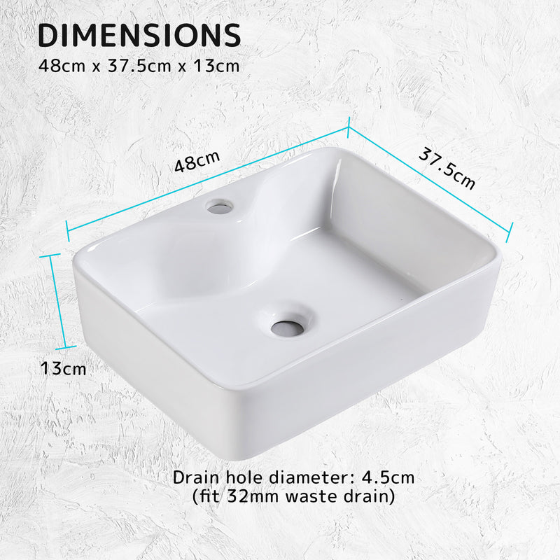 Muriel 48 x 37.5 x 13cm White Ceramic Bathroom Basin Vanity Sink Above Counter Top Mount Bowl