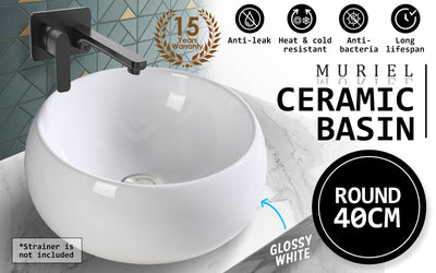 Muriel 40 x 40 x 15.5cm White Ceramic Bathroom Basin Vanity Sink Round Above Counter Top Mount Bowl